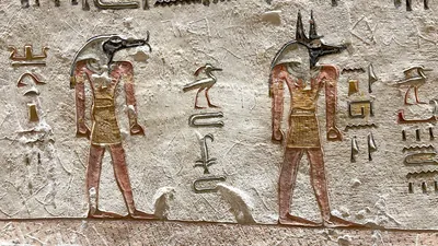 Relief of Anubis and Thoth with hieroglyphics in Tomb of Ramesses V and VI KV9