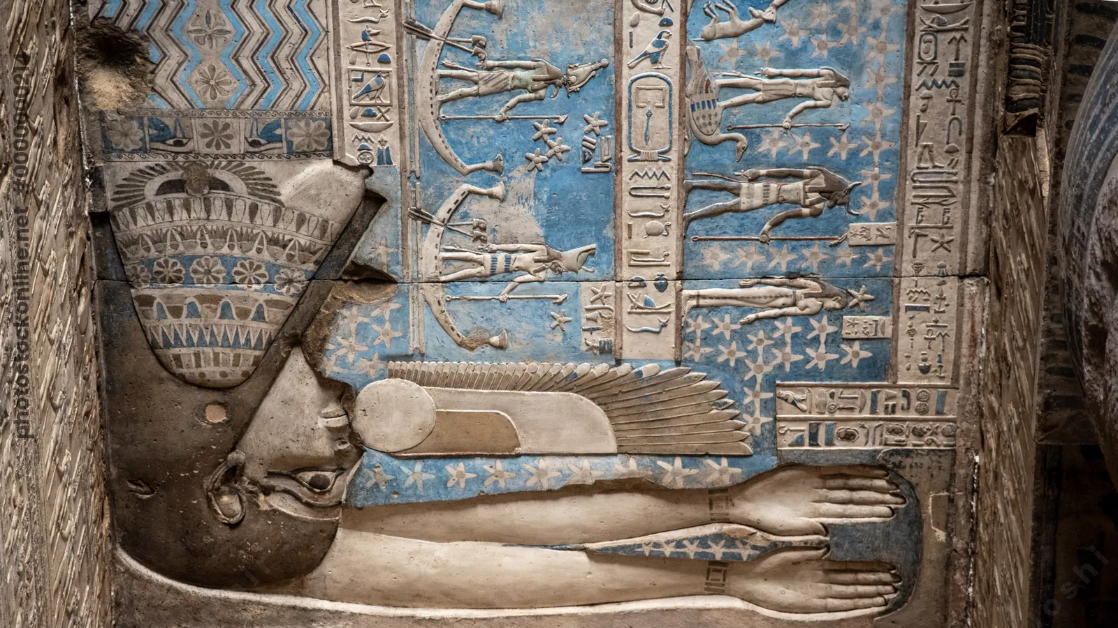 Colorful ceiling relief of sky goddess Nut in the Temple of Dendera, Egypt, showing ancient Egyptian mythology in vivid paintwork