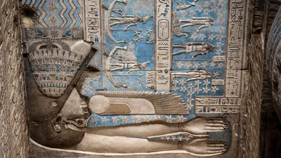 Colorful ceiling relief of sky goddess Nut in the Temple of Dendera, Egypt, showing ancient Egyptian mythology in vivid paintwork