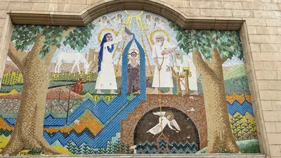 Mosaic painting on a wall inside the Hanging Church in Coptic Cairo, one of Egypt's oldest and most significant Christian landmarks.