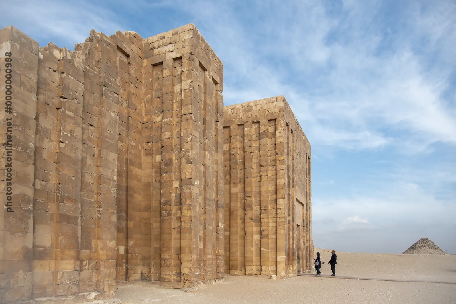 Saqqara, Egypt - Feb 5, 2024: Southeast corner entrance gate of the Step Pyramid complex at Saqqara, Egypt, built during the 3rd Dynasty, Old Kingdom.
