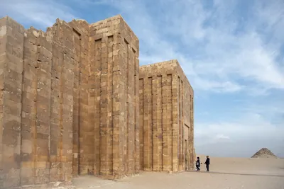Saqqara, Egypt - Feb 5, 2024: Southeast corner entrance gate of the Step Pyramid complex at Saqqara, Egypt, built during the 3rd Dynasty, Old Kingdom.