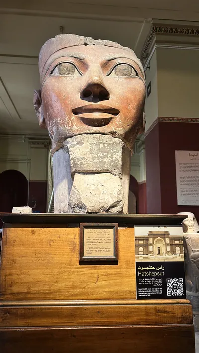 Cairo, Egypt - Feb 4, 2025: Sculpted head of Queen Hatshepsut, one of ancient Egypt's most powerful pharaohs, on display at the Egyptian Museum in Cairo.