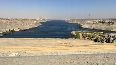 Aswan, Egypt - Feb 7, 2025: view of the Aswan Dam, a major engineering landmark on the Nile River in Aswan, Egypt.