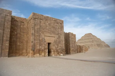 Saqqara, Egypt - Feb 5, 2024: Southeast corner entrance gate of the Step Pyramid complex at Saqqara, Egypt, built during the 3rd Dynasty, Old Kingdom.