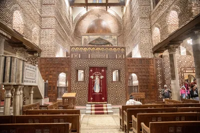 Cairo, Egypt - Feb 5, 2024: Interior of Saints Sergius and Bacchus Church, also known as Abu Serga, one of the oldest Coptic churches, in Old Cairo.