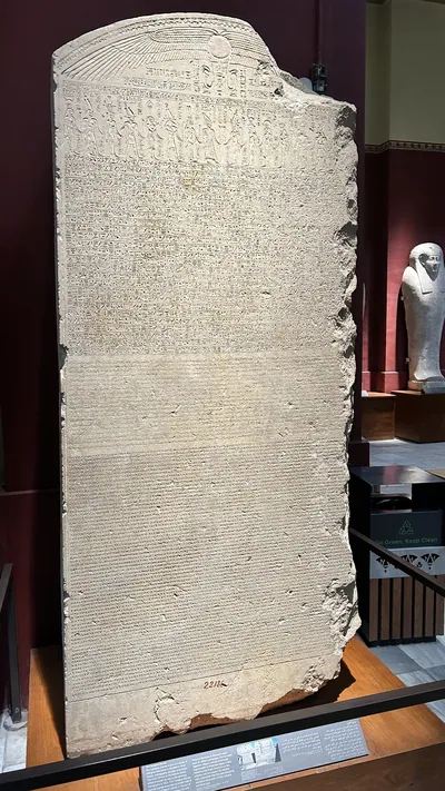 Cairo, Egypt - Feb 4, 2025: Decree of Canopus, a trilingual inscription from Ptolemaic Egypt in hieroglyphic, Demotic, and Greek scripts