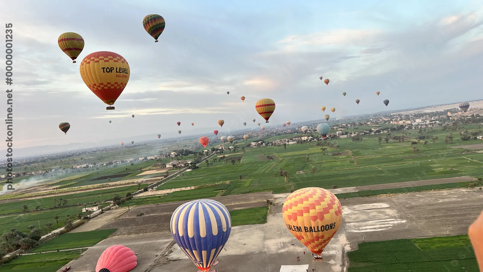 Luxor, Egypt - Feb 10, 2025: Colorful hot air balloons drifting above lush green fields at sunrise, offering a scenic aerial view of the landscape.