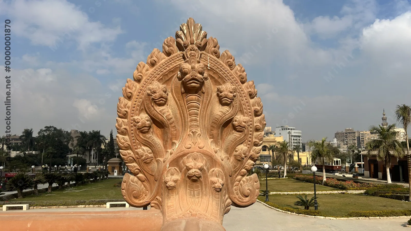Close-up of a snake statue on the terrace of the