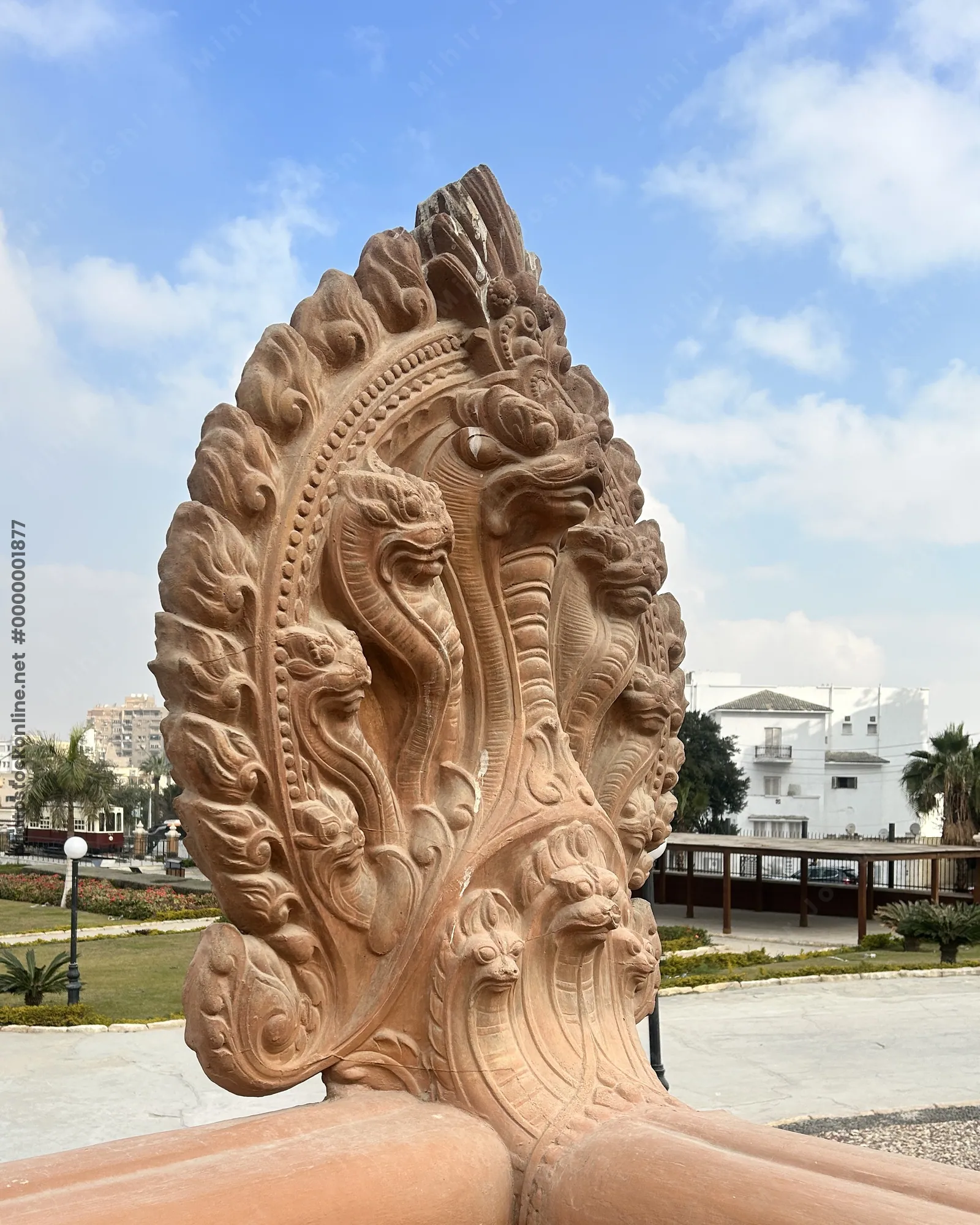 Close-up of a snake statue on the terrace of the