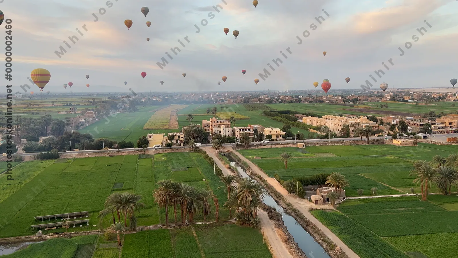 Hot air balloons floating over green fields at su