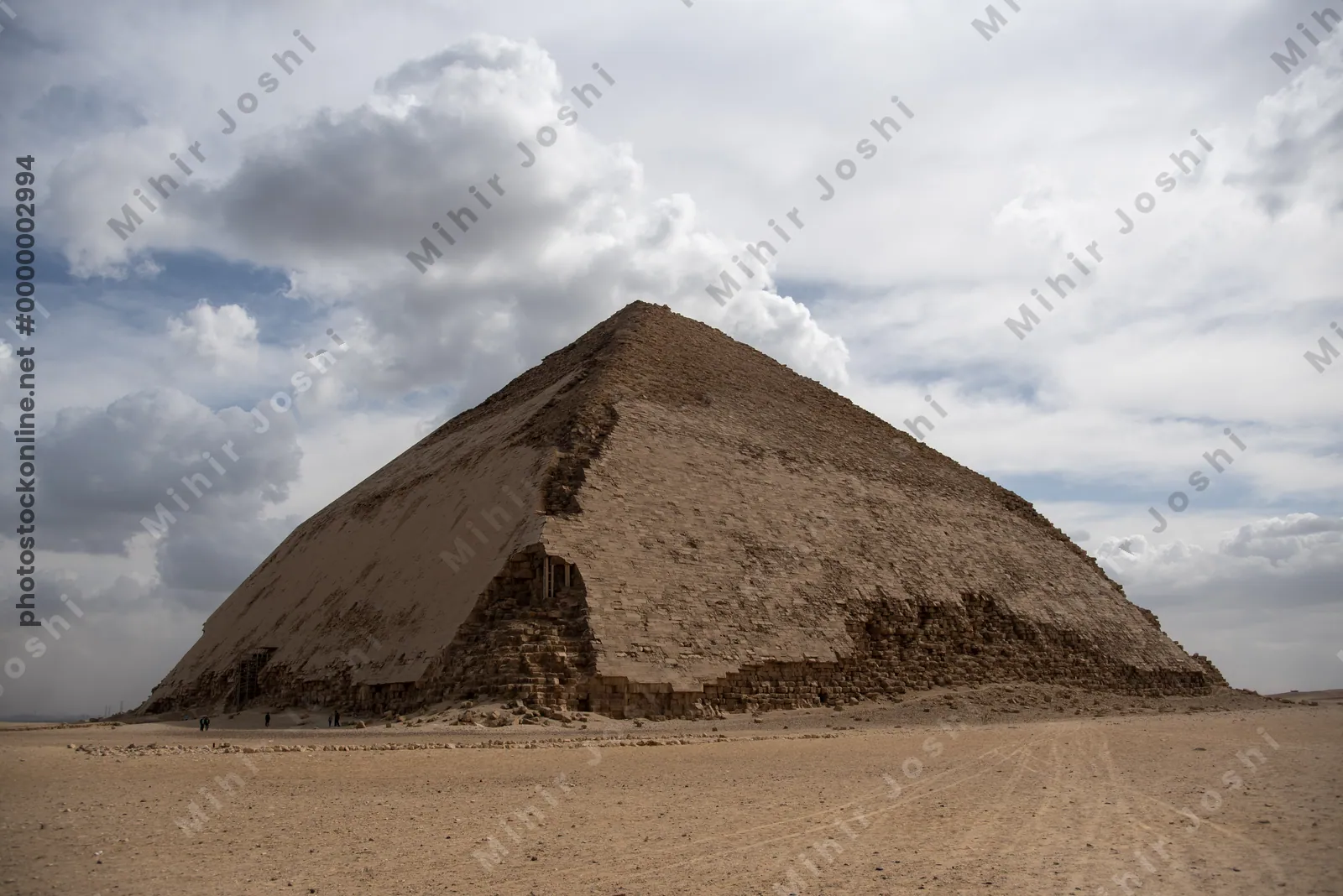 The Bent Pyramid at Dahshur, built by Pharaoh Sneferu during the Old Kingdom, shows a unique change in angle midway up its structure.