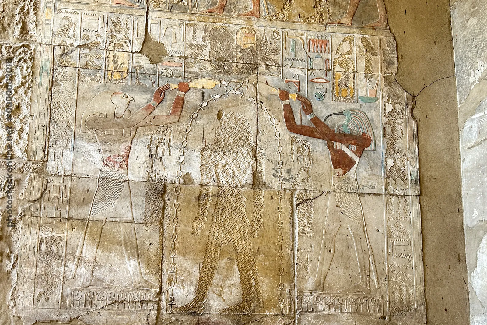 Erased relief of Hatshepsut purified by Horus and Thoth at Karnak Temple, Egypt