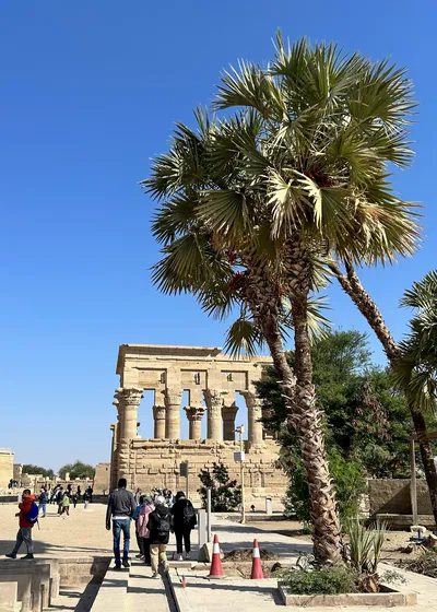 Roofless ancient Egyptian temple, Trajans Kiosk, also known as Pharaohs Bed, located on Agilkia Island near Aswan, Egypt.