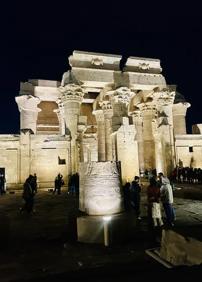 Kom Ombo, Egypt - Feb 8, 2025: Night view of the Temple of Kom Ombo, a Ptolemaic double temple dedicated to Sobek and Horus the Elder.