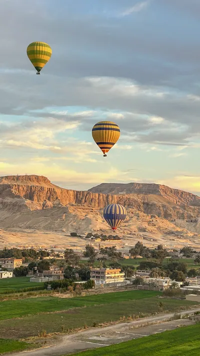 Luxor, Egypt - Feb 10, 2025: Hot air balloons at sunrise floating above green fields and cliffs of Luxor, Egypt, with the Theban mountains in the background.