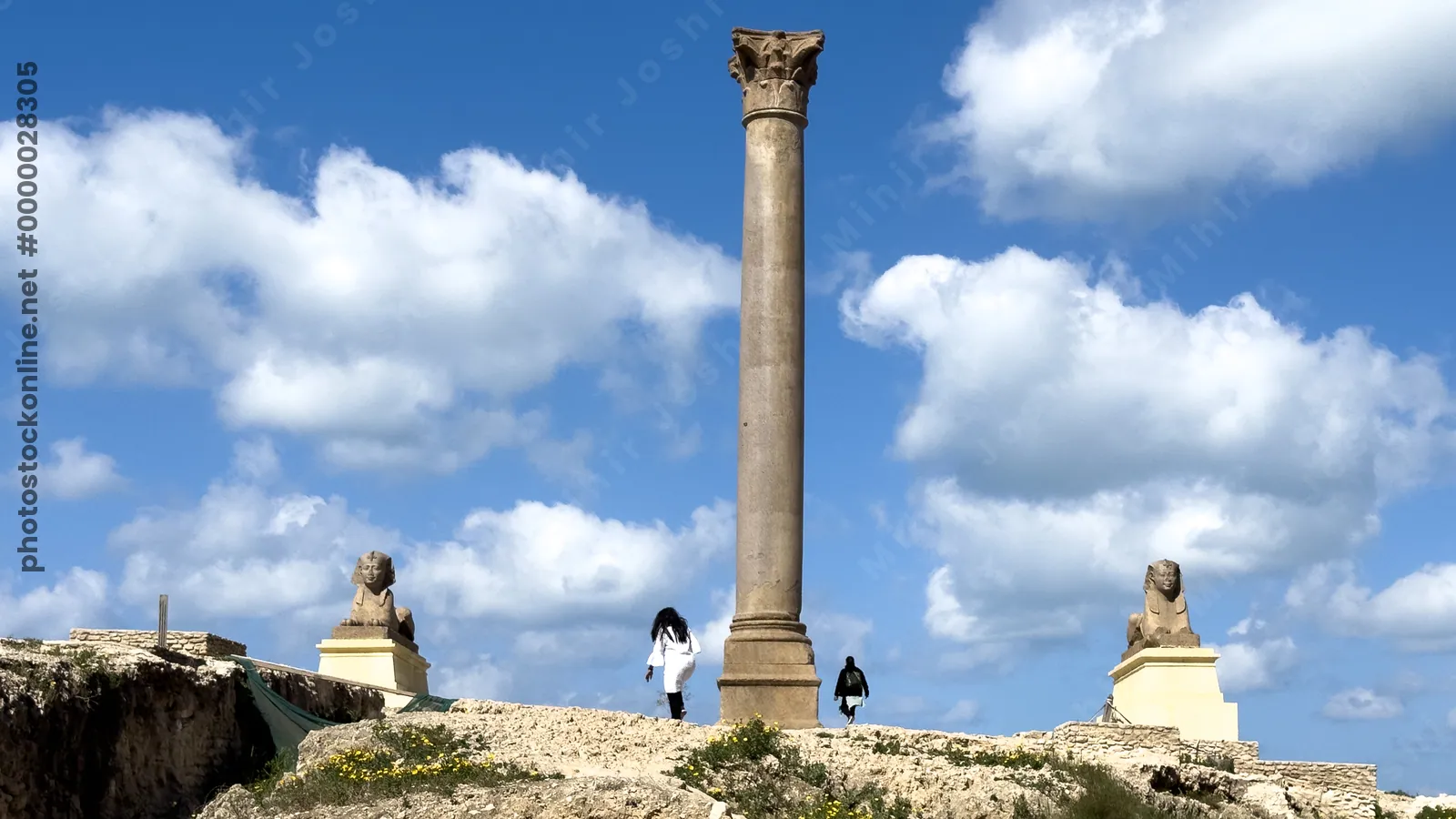 Alexandria, Egypt - Feb 13, 2025: Pompey's Pillar, a Roman triumphal column, with sphinx statues at the Serapeum archaeological site.