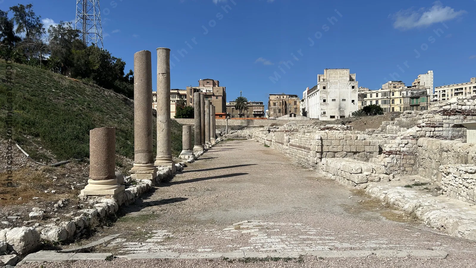Alexandria, Egypt - Feb 13, 2025: View of the ancient colonnaded street at the Kom El-Dikka archaeological site, a significant Roman-era excavation in