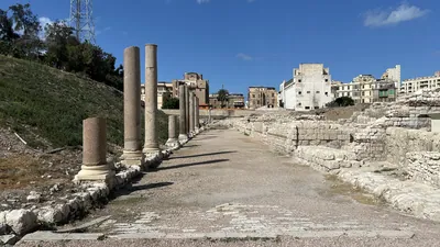 Alexandria, Egypt - Feb 13, 2025: View of the ancient colonnaded street at the Kom El-Dikka archaeological site, a significant Roman-era excavation in