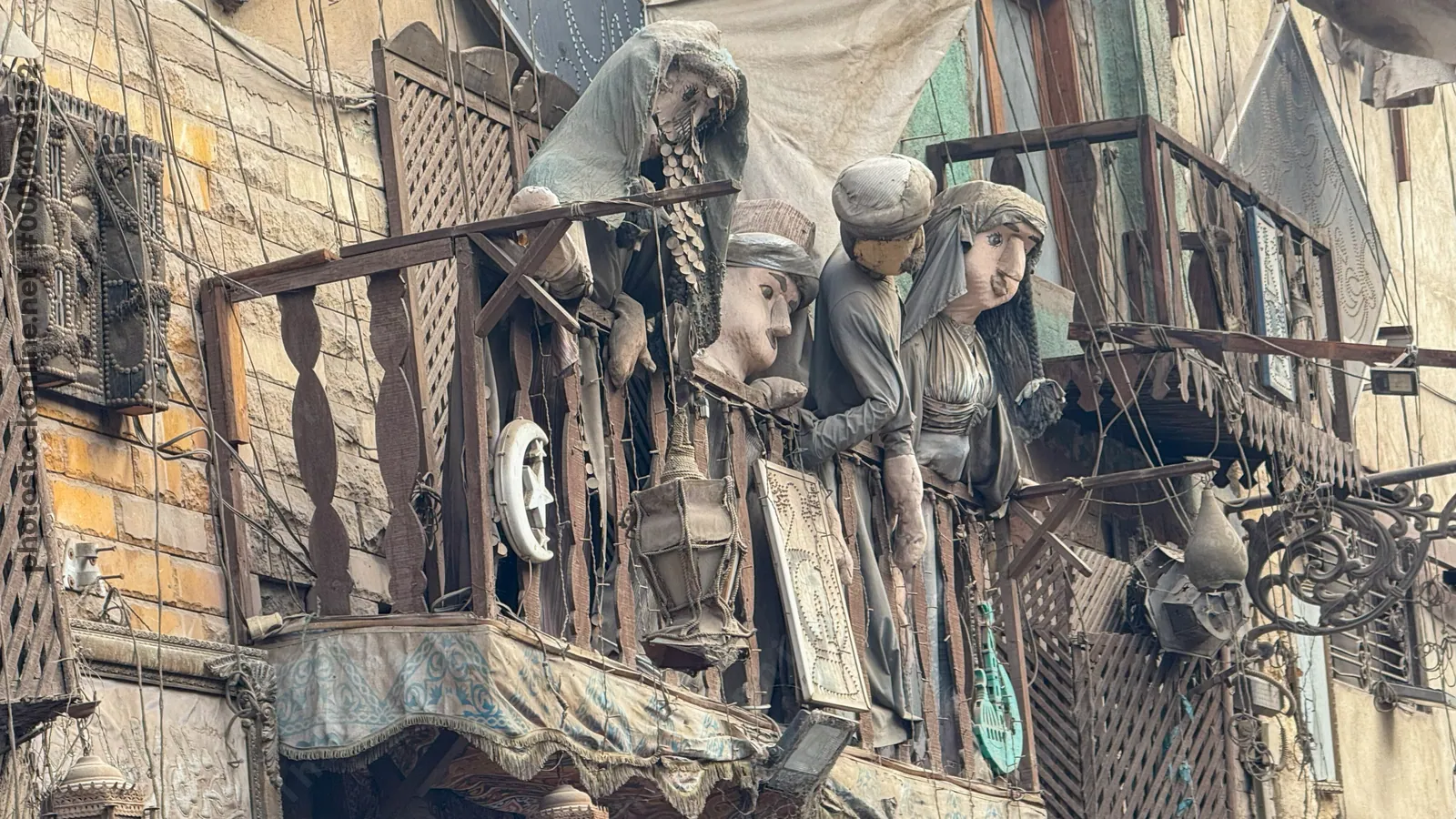 Balcony with marionette puppets at Khan el-Khalili bazaar in Cairo, Egypt