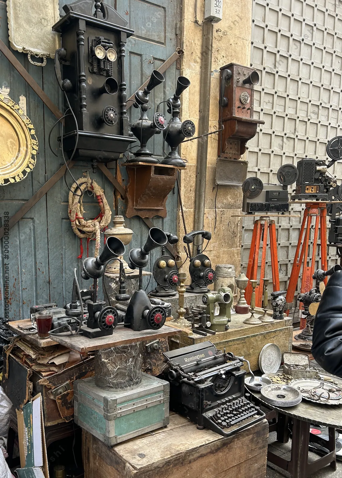 Antique telephones and typewriter for sale at Khan el-Khalili market, Cairo