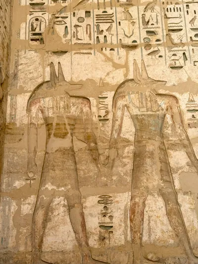 Relief of Anubis jackal-headed gods at Medinet Habu Temple in Luxor, Egypt