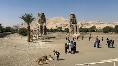 Colossi of Memnon statues at Luxor on west bank of the Nile Egypt