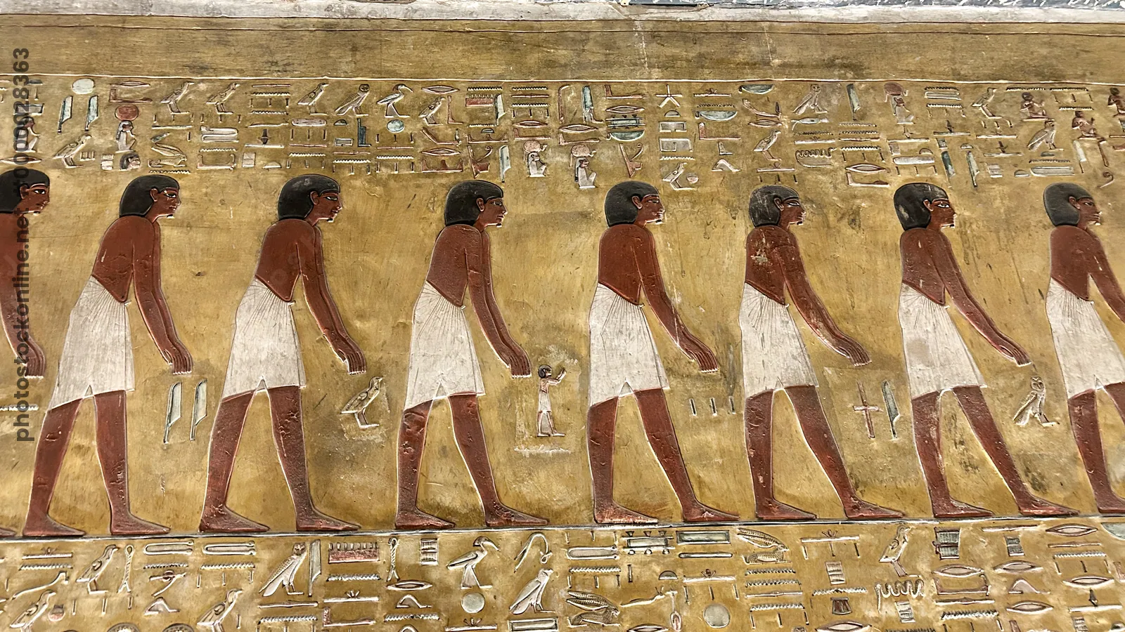 Valley of the Kings, Egypt - Feb 11, 2025: Painted crypt relief showing priests in funerary ceremonies in the Tomb of Seti I (KV17).
