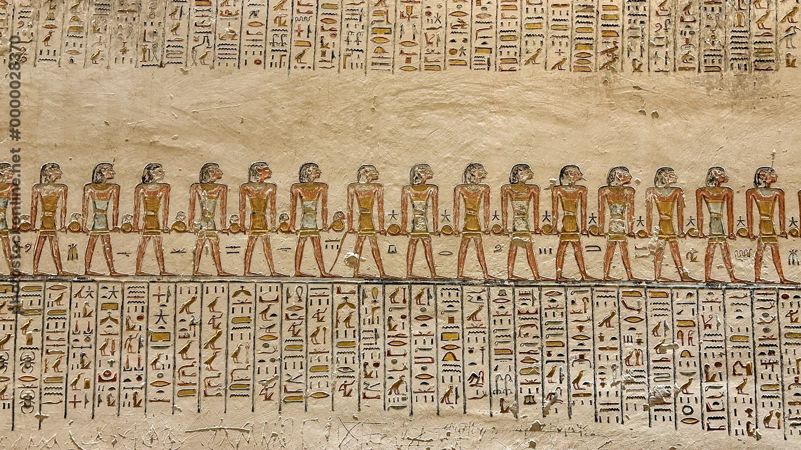 Luxor, Egypt - Feb 2025: Painted wall relief inside the Tomb of Ramesses V-VI (KV9), Valley of the Kings.