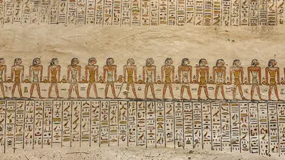 Luxor, Egypt - Feb 2025: Painted wall relief inside the Tomb of Ramesses V-VI (KV9), Valley of the Kings.