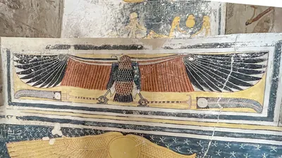 Valley of the Kings, Egypt - Feb 11, 2025: Painted roof relief of a vulture with outstretched wings in Tomb KV9.