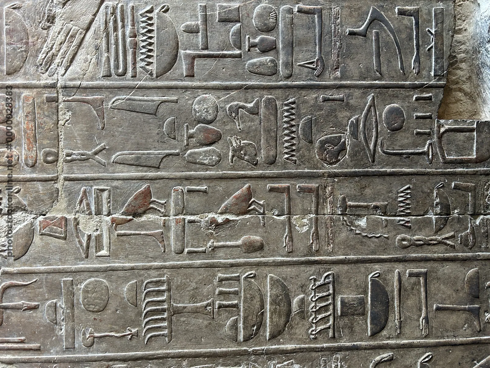 Luxor, Egypt - Feb 11, 2025: Close-up of carved hieroglyphic wall inscriptions from the Mortuary Temple of Hatshepsut at Deir el-Bahari, Luxor, Egypt.