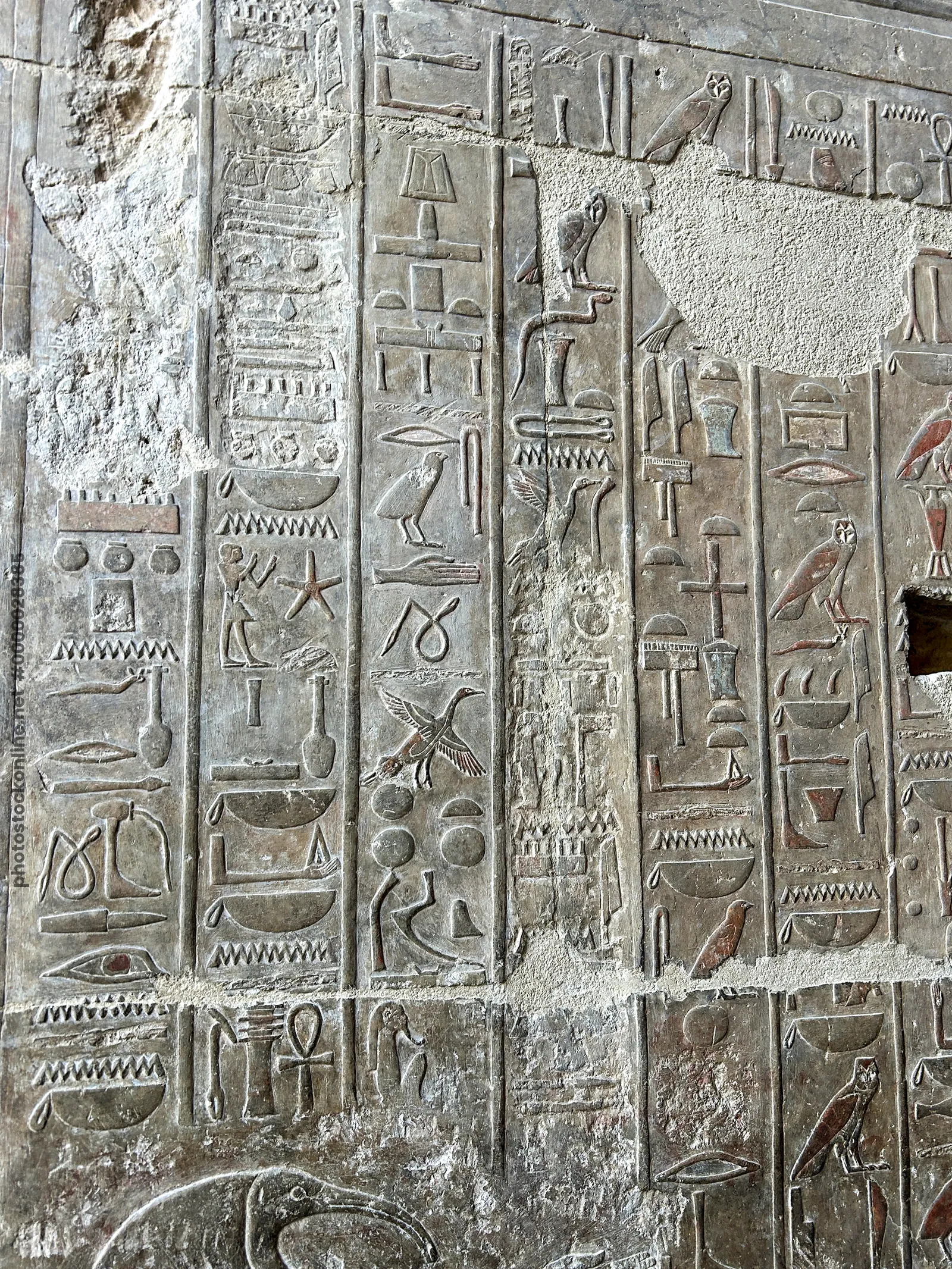 Luxor, Egypt - Feb 11, 2025: Close-up of carved hieroglyphic wall inscriptions from the Mortuary Temple of Hatshepsut at Deir el-Bahari, Luxor, Egypt.