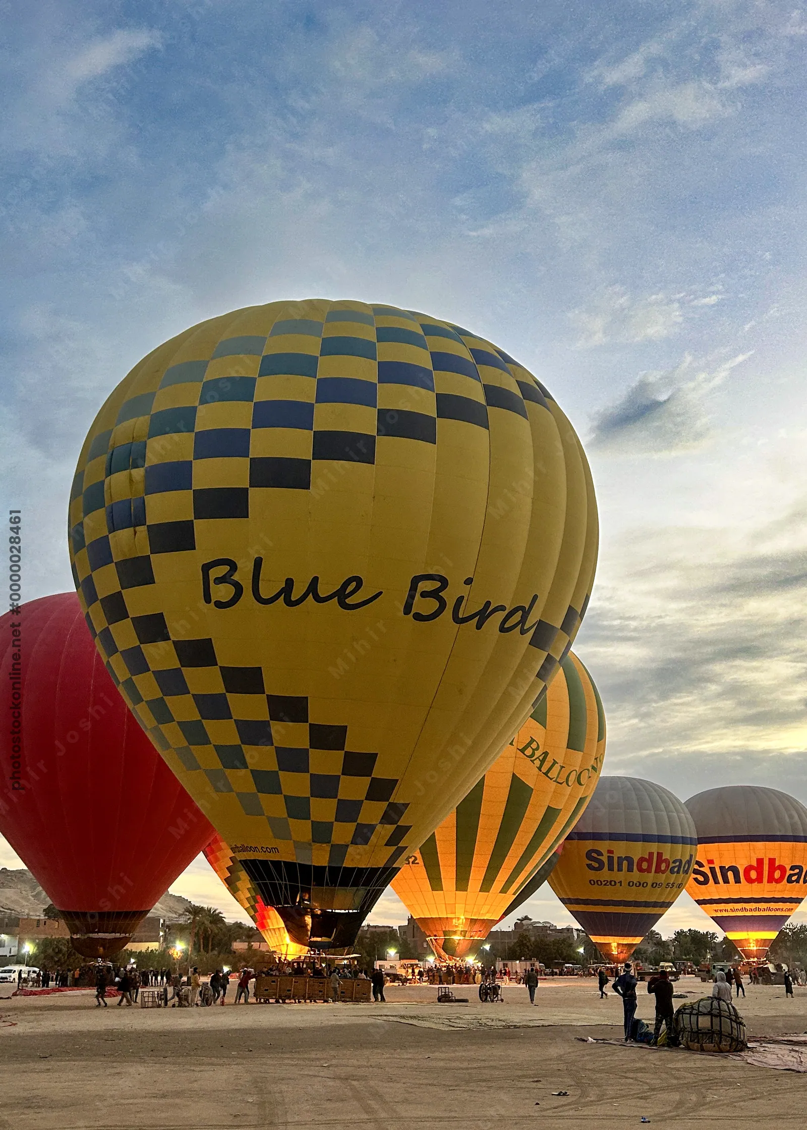 Luxor, Egypt - Feb 10, 2025: Colorful hot air balloons being inflated at dawn, preparing for a sunrise flight over the Nile Valley.
