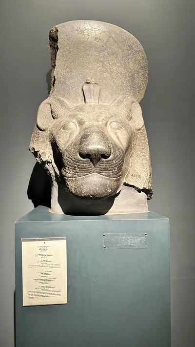 Luxor, Egypt - Feb 9, 2025: Granite head of Sekhmet, the lion-headed goddess of war and protection in ancient Egypt, displayed in the Luxor Museum.