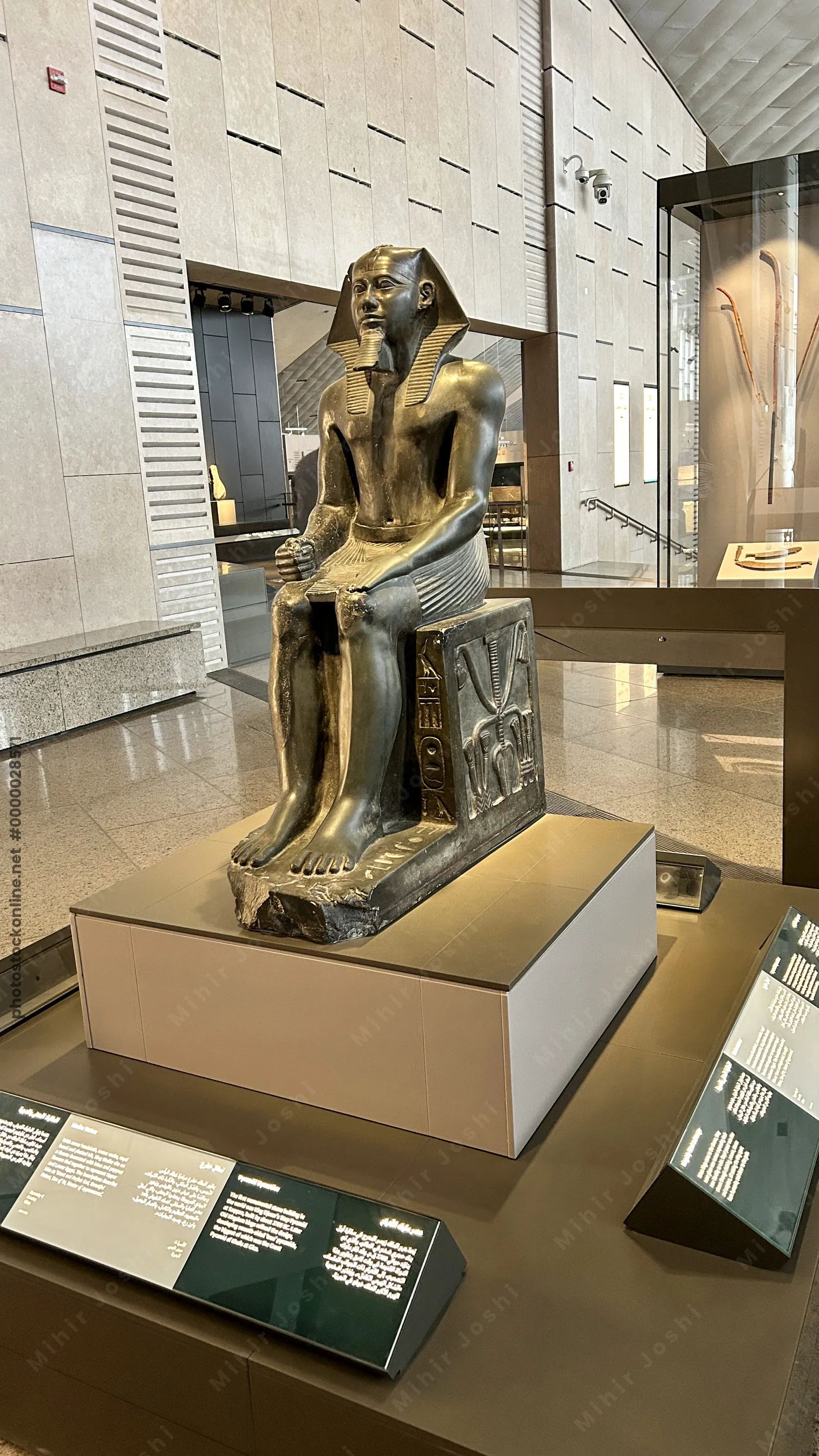Statue of Pharaoh Khafre, builder of the second Giza pyramid, on display at the Grand Egyptian Museum in Cairo, Egypt.