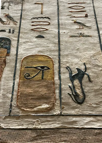 Relief with hieroglyphs and symbols in Tomb Valley of the Kings Egypt