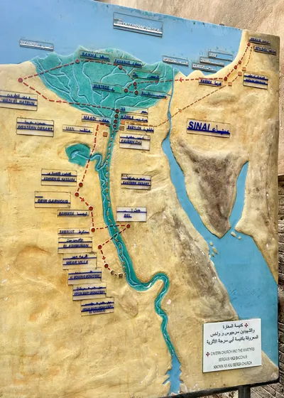 Cairo, Egypt - Feb 5, 2025: Informational board depicting the route of Jesus, Mary, and Joseph during their flight into Egypt, displayed in Coptic Cairo.