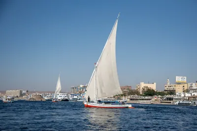 Aswan, Egypt - Feb 7, 2025:  A traditional felucca sails the clear, blue waters of the Nile River near Aswan, Egypt