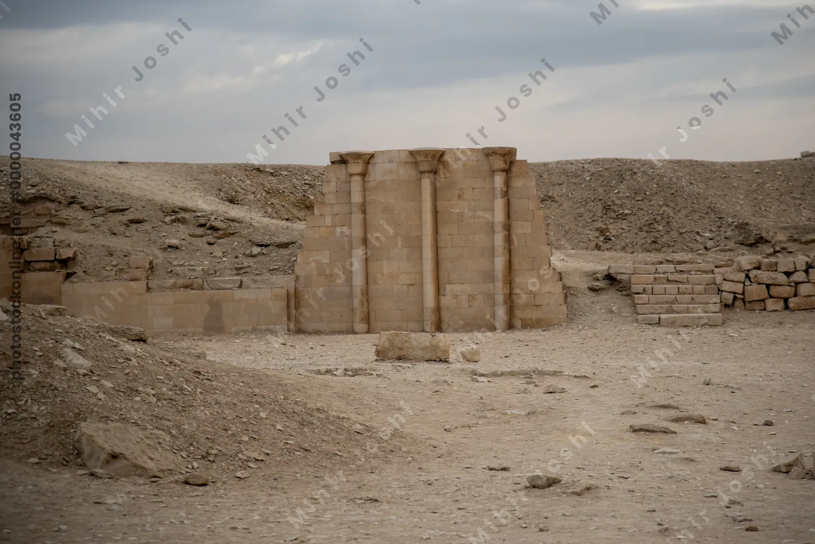 Saqqara, Egypt - Feb 5, 2024: Ruins in the Step Pyramid Complex, Saqqara, Egypt
