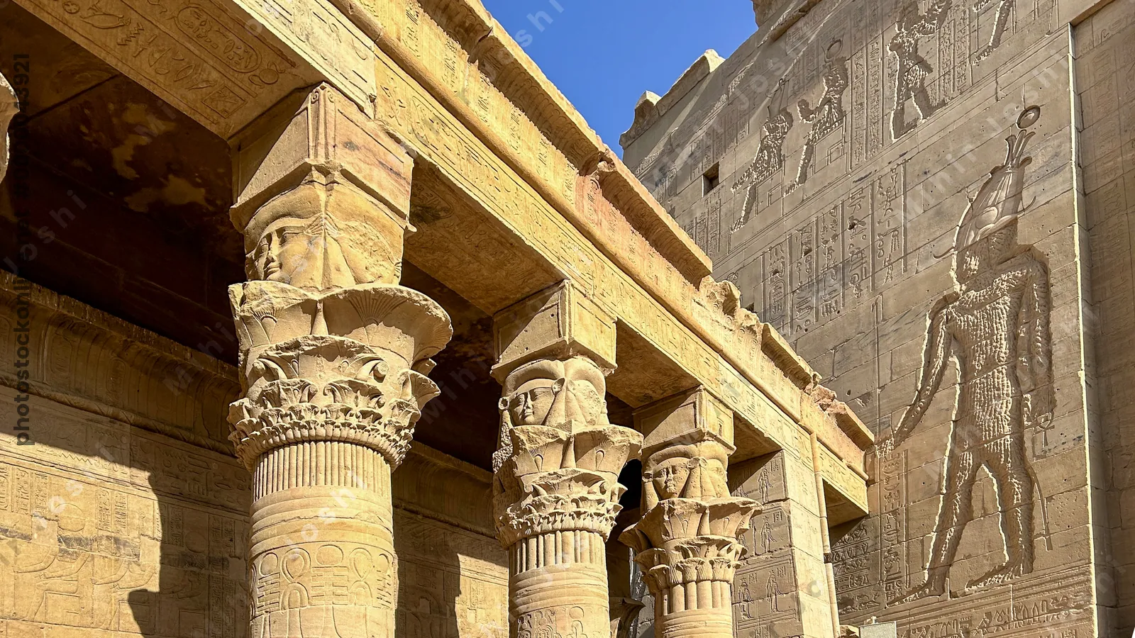 Aswan, Egypt - Feb 7, 2025: Ancient Temple of Isis, originally from Philae Island, now relocated to Agilkia Island, Aswan, Egypt.