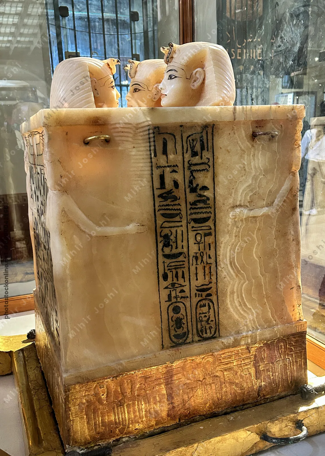Cairo, Egypt -  Feb 4, 2025: Intricately carved canopic chest of Pharaoh Tutankhamun, used to store internal organs during mummification, displayed at the Egyptian Museum in Cairo.