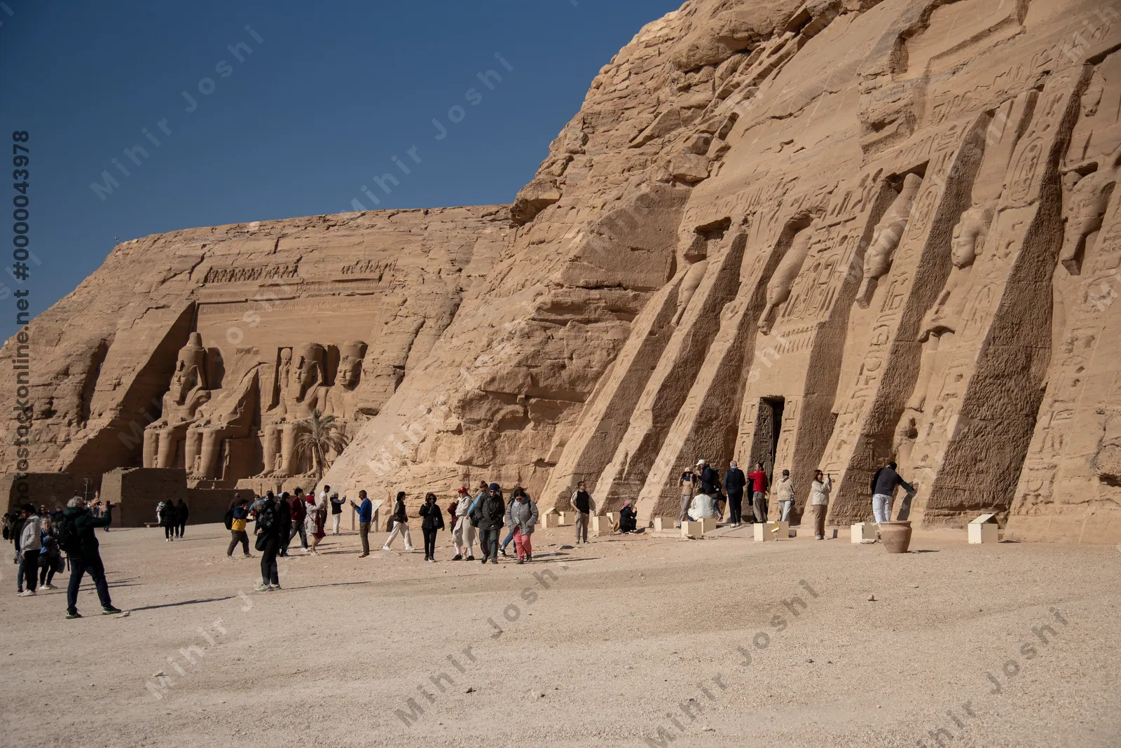 Abu Simbel, Egypt - Feb 8, 2025:  Rock-cut temples of Abu Simbel in Egypt, dedicated to Pharaoh Ramesses II and Queen Nefertari.