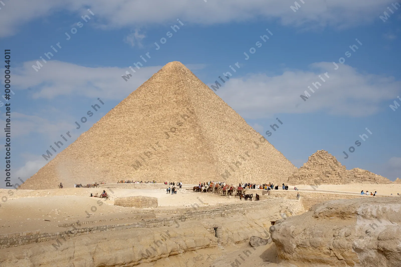 Giza, Egypt - Feb 6, 2025: The iconic Great Pyramid of Giza, the oldest and largest of the three pyramids in the Giza pyramid complex, near Cairo, Egypt.