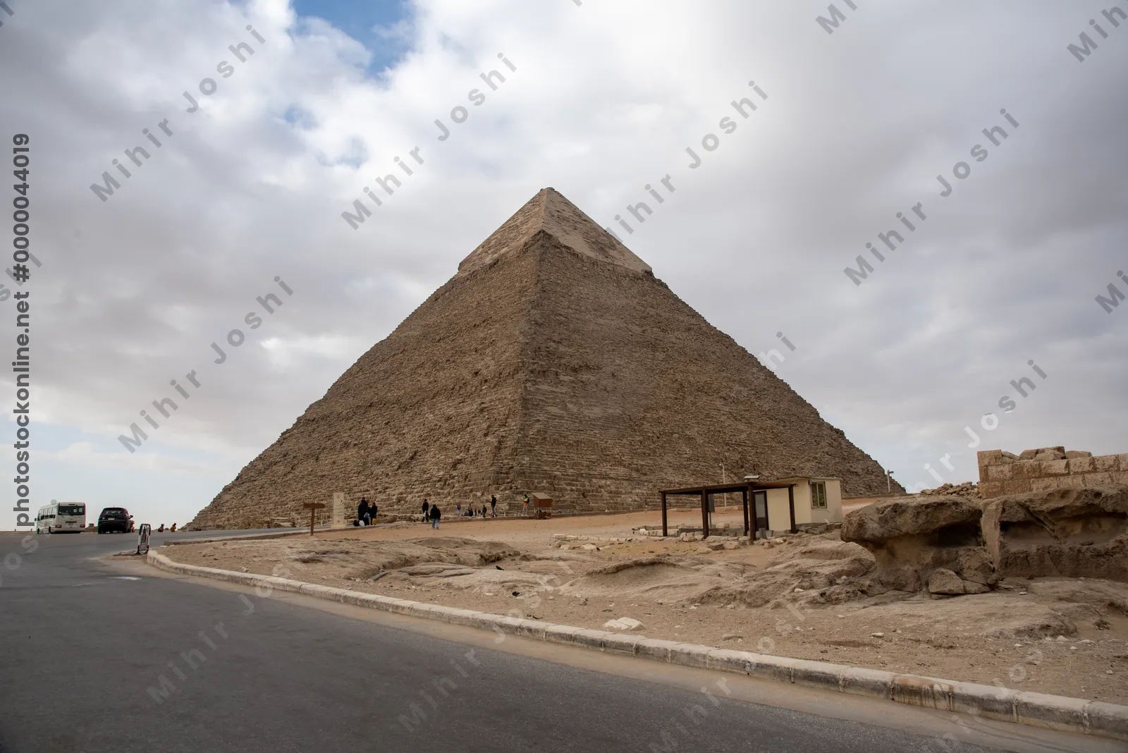 Giza, Egypt - Feb 6, 2024: Pyramid of Khafre, the second tallest pyramid at Giza, with remnants of its original casing, near Cairo, Egypt.