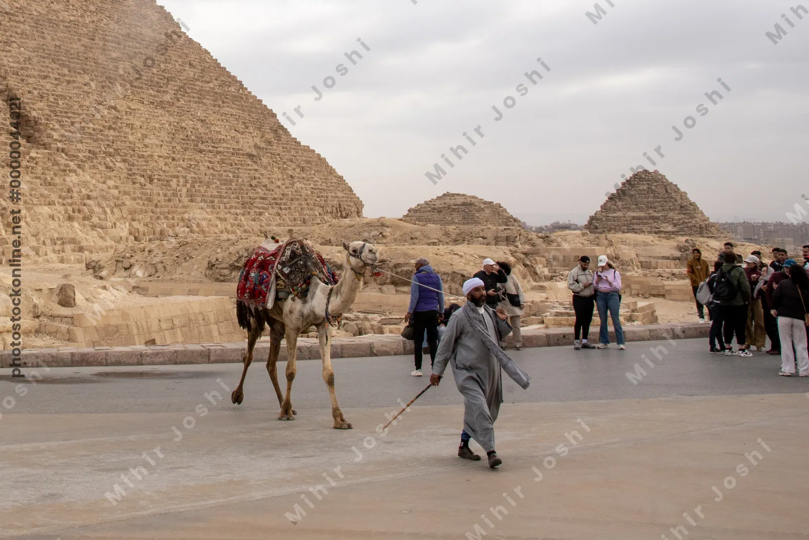 Giza, Egypt - Feb 6, 2024: A Bedouin man offers a camel ride to tourists near the Great Pyramid of Giza, a famous archaeological site in Egypt.