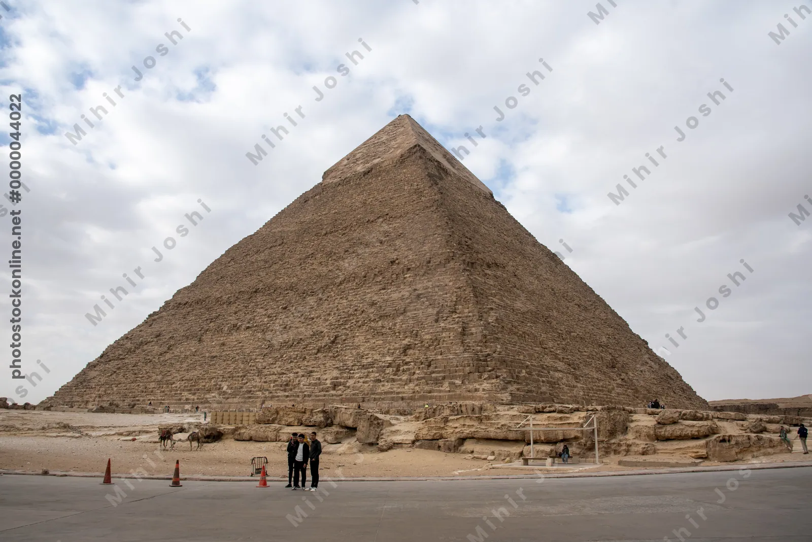 Giza, Egypt - Feb 6, 2024: Pyramid of Khafre, the second tallest pyramid at Giza, with remnants of its original casing, near Cairo, Egypt.