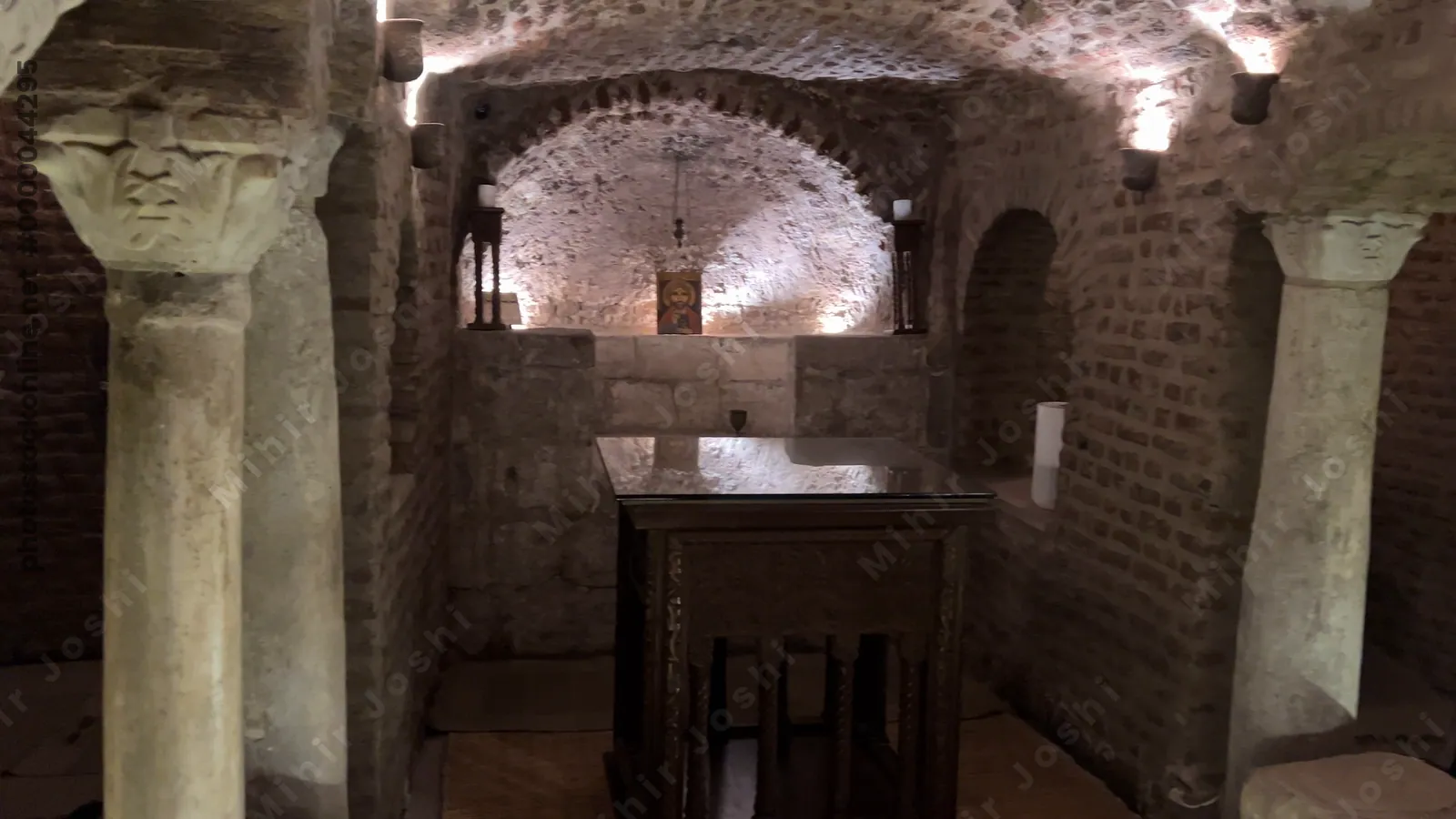 Cairo, Egypt - Feb 5, 2024: An Altar inside the crypt where Joseph,Mary and the Infant Jesus rested as per tradition at the Saints Sergius and Bacchus Church or Abu Serga Church,the oldest coptic chri