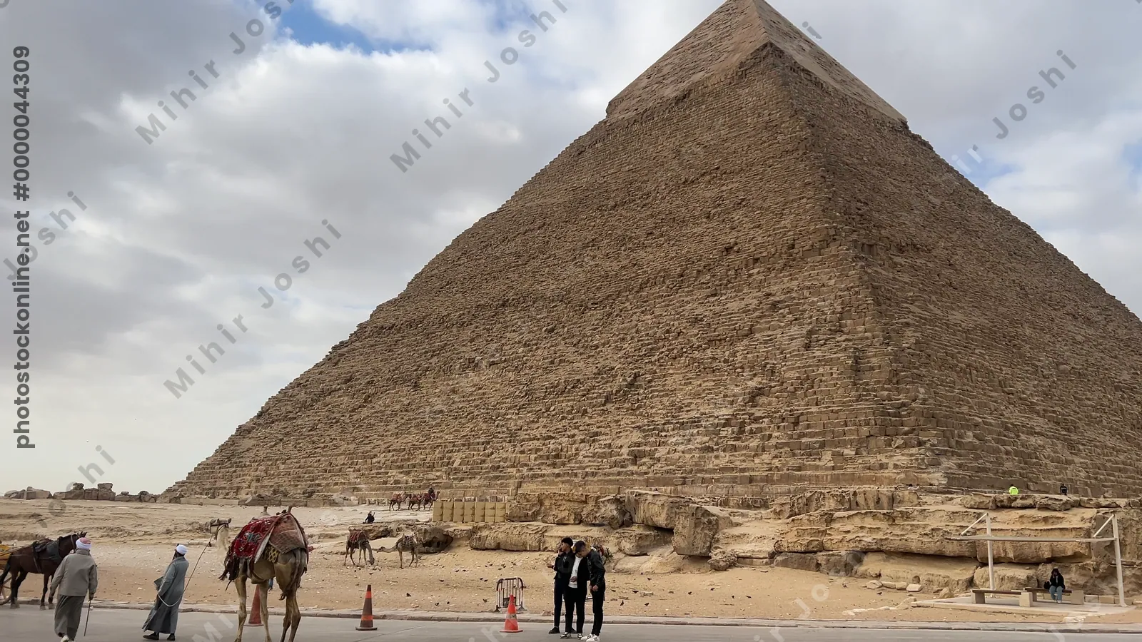 Giza, Egypt - Feb 6, 2025: Pyramid of Khafre, the second tallest pyramid at Giza, with remnants of its original casing, near Cairo, Egypt.