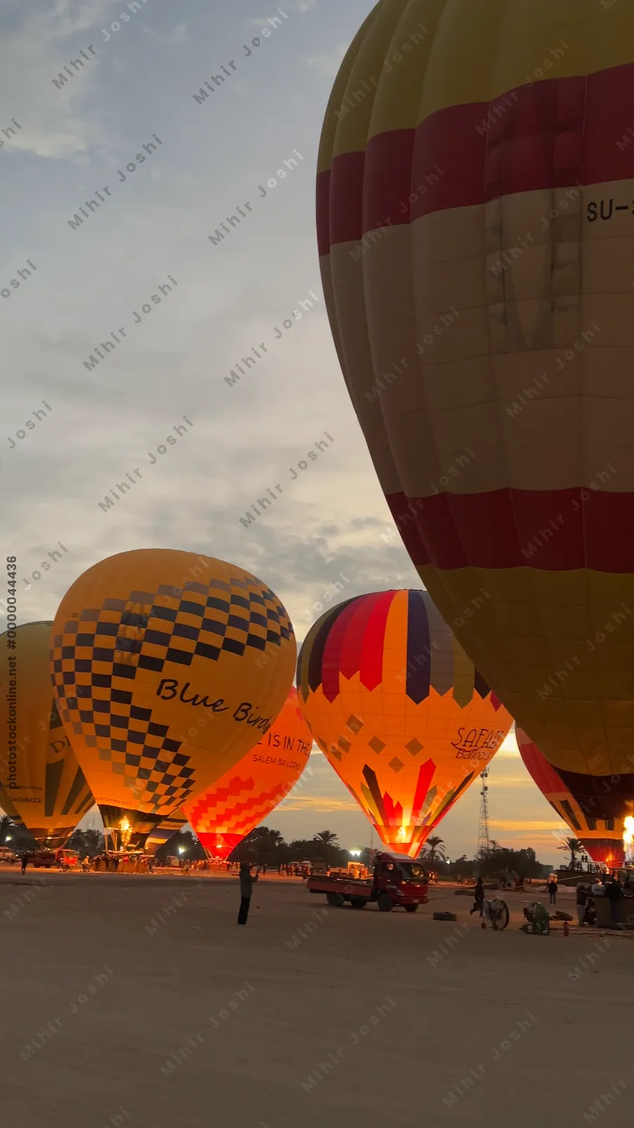 Luxor, Egypt - Feb 10, 2025: Colorful hot air balloons being inflated at dawn, preparing for a sunrise flight over the Nile Valley.